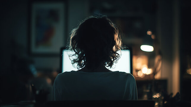 A person working on the computer in a dim environment. The screen glows brightly, illuminating the person's back, while the surrounding is dark