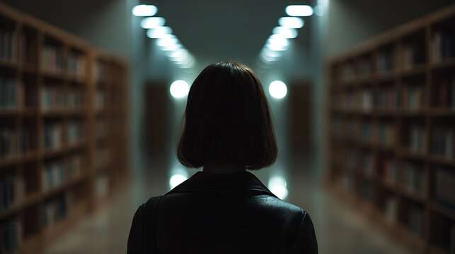 A person walking down a library hallway, with books on both sides and a focus on solitude
