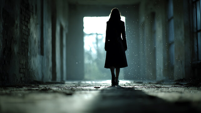A solitary figure walks through a dimly lit, weathered corridor, creating a mysterious and melancholic atmosphere. The architecture shows signs of age, with peeling walls and fading light.