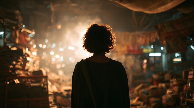 A person gazing toward a city with bright light, exploring a bustling city center