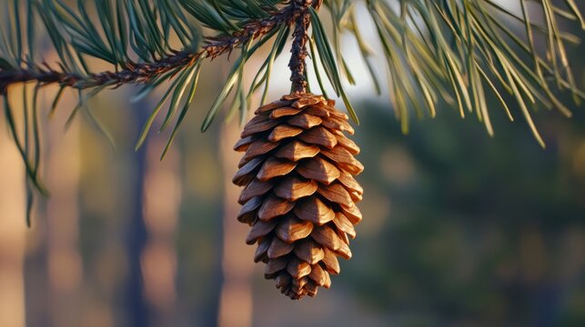 pine cone hanging from a branch, needles and cone textures in sharp detail generative ai