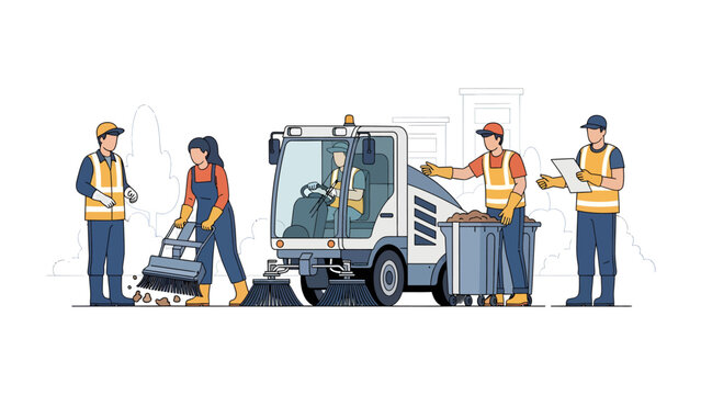 Urban Cleanup Crew: A team of dedicated workers efficiently operates a street sweeper and performs manual sweeping, ensuring cleanliness in the urban environment.