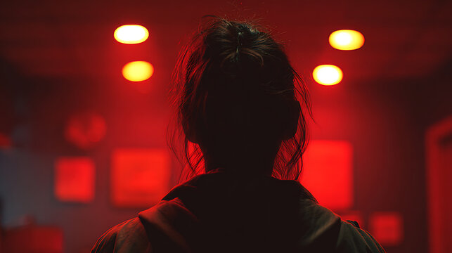 A silhouette of a person standing against a red lit background. The scene exudes an air of mystery and anticipation