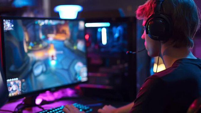 Professional gamer streaming live gameplay from a dimly lit studio filled with colorful lights and ambient sounds