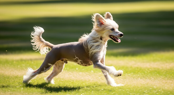 A small hairless dog with tufts of fur running fast across a green grass field