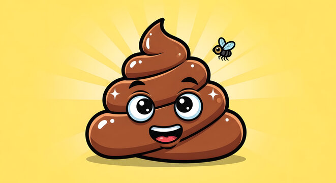 Cute cartoon poop character with a smiling face and a fly on yellow background