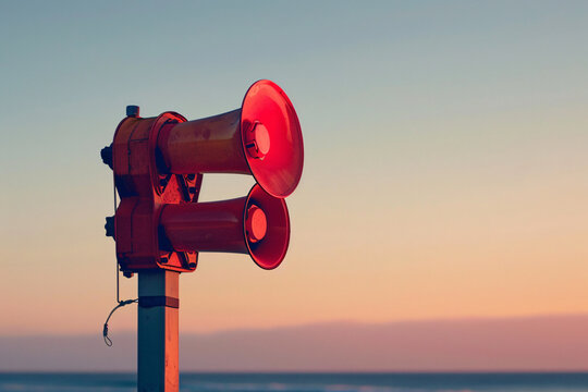 Close-up of a tsunami siren with vibrant red horns against a clear sky, mounted on a post at the beach, signaling emergency alerts for impending natural disasters
