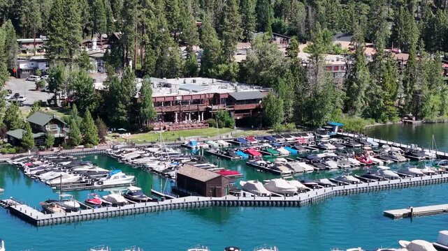 Aerial Drone View of Summer Festival and Crowded Marina at Tahoe California
