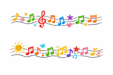 Crayon hand drawn music notes line. Cartoon colorful melody for kids musical education, kindergarten or school play concert decoration, vector illustration set © Bibi
