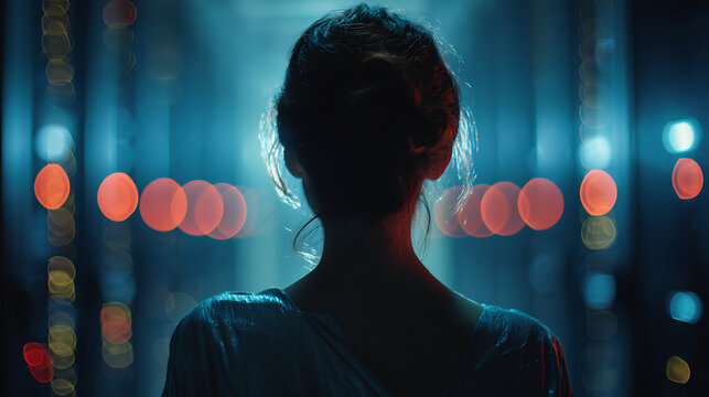 A silhouette of a woman standing in front of bokeh lights