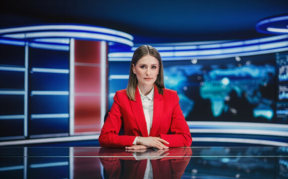 female news anchor in a television studio