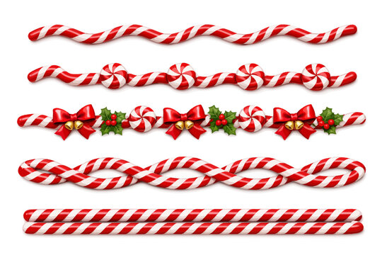 3D Christmas candy cane line borders set. Glossy red and white wavy striped borders, festive peppermint ornaments vector design