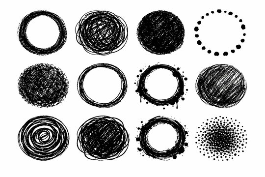 Grunge circle frames. Hand drawn grunge circles with rough brush texture and ink splash effect. vector set