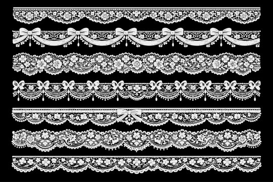 Lace ornament borders vector set. Elegant decorative trims and scalloped edges with floral embroidery and ribbon details for wedding cards, invitations, and vintage textile designs