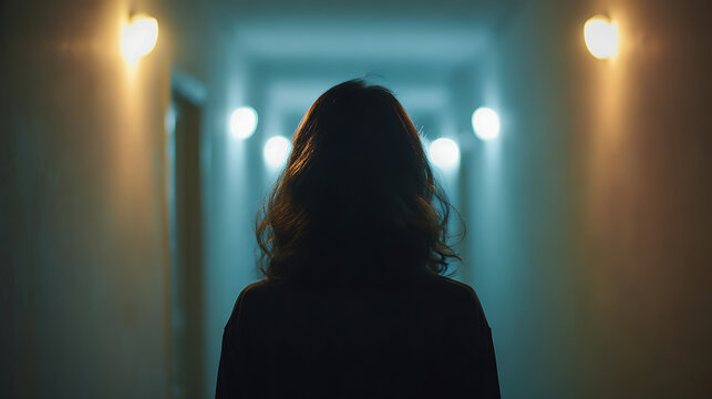 A woman walking through a dimly lit corridor, bathed in an atmospheric glow. The light illuminates the scene, guiding the viewer's eye