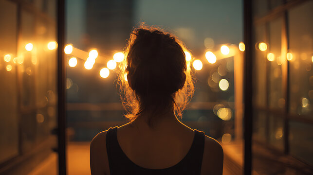 A silhouette of a woman standing in front of an open door, with warm lights and a cityscape in the background. The scene exudes tranquility and introspection.