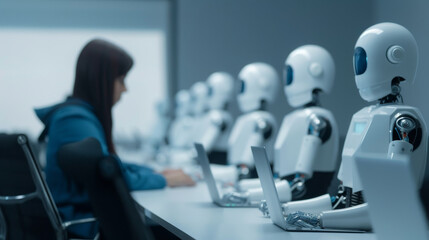Fototapeta premium High-tech technocratic council meeting, members use advanced AI tools to predict outcomes and make informed governance decisions. Technology integrates with strategic planning for future developments.