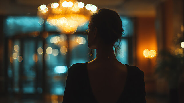 A woman with her back turned walking inside a building with a large chandelier
