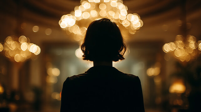 A woman silhouette walking into a luxurious hall, she facing to a glamourous of lights 