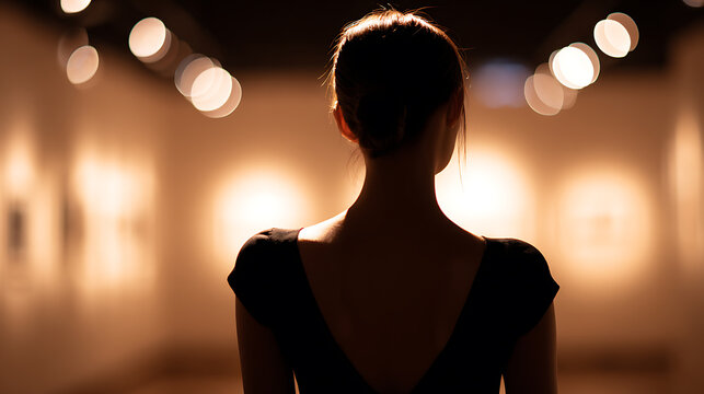 A silhouette of a woman standing in front of illuminated artwork, exploring the museum's ambiance
