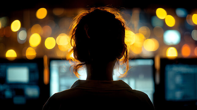 A woman working on computers, backlit by warm bokeh lights
