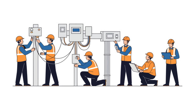 Electrical Engineers at Work: A team of skilled electrical engineers meticulously installs and inspects electrical components.