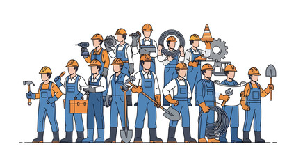 Unity of Labor: A collective of industrious workers stands united, ready to build and create, each holding their essential tools, representing dedication and skill. © Tahura
