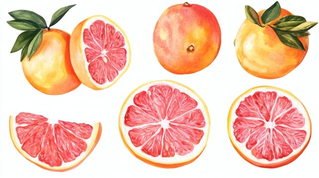 Watercolor illustration of whole and sliced pink grapefruit with leaves on white background