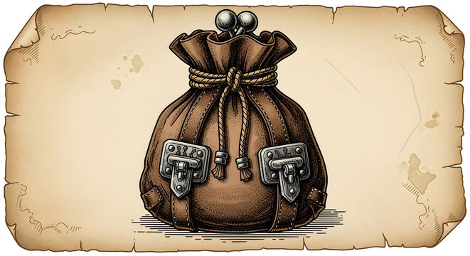 Hand drawn vintage style leather pouch or money bag on an aged parchment background