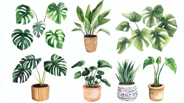 Watercolor illustration of various potted tropical houseplants and individual monstera leaves on white background