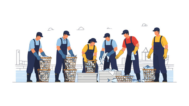 Seafood Processing Team: An illustration of a diligent team working together at a seafood processing facility, the teamwork and attention to detail in their work ethic.