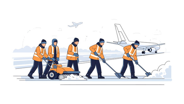 Airport Snow Removal Team: A dedicated team working to clear snow from an airport runway, ensuring the safety and smooth operation of air travel. A scene of teamwork, efficiency, and dedication.