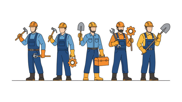 Team of Builders at Work: A group of construction workers, each holding a different tool, stands together with a determined gaze. It showcases dedication, expertise.