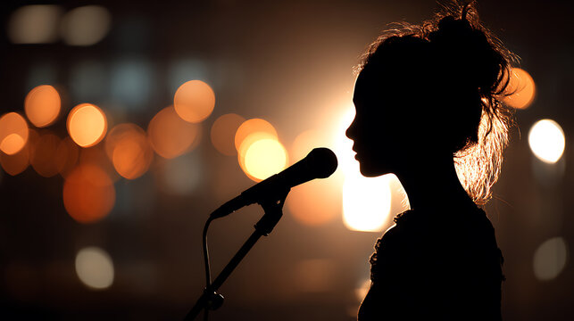 Silhouette of a woman with her hair in a bun, singing into a microphone on a dimly lit stage, with blurred bokeh lights in the background