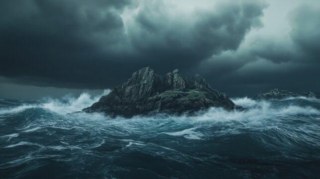 rocky island surrounded by crashing ocean waves, dark stormy clouds above generative ai