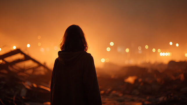 A lone woman stands silhouetted against a fiery orange sky, looking out over a desolate, post-apocalyptic landscape with scattered debris and distant lights