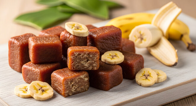 Traditional sweet fruit jelly snacks made from banana pulp cut into cubes and served on a wooden board with fresh slices