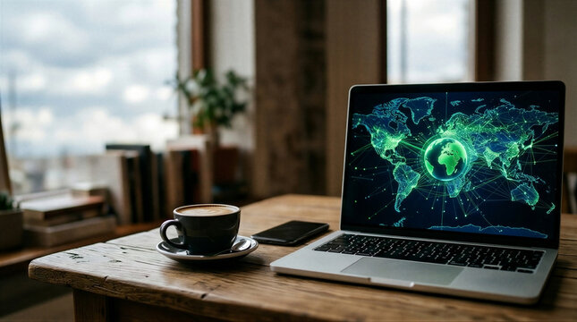 An open laptop computer sitting on top of a wooden table.