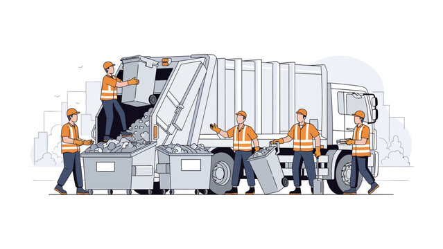 Waste Management Workforce: A dedicated team of waste management professionals diligently empties trash bins into a specialized refuse truck, highlighting the vital role of sanitation. 