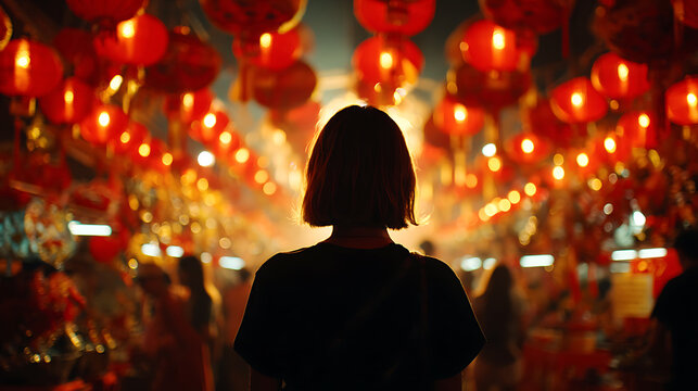 A lone woman stands with her back to the camera, gazing at a vibrant display of red lanterns. The scene evokes a sense of cultural immersion and wonder
