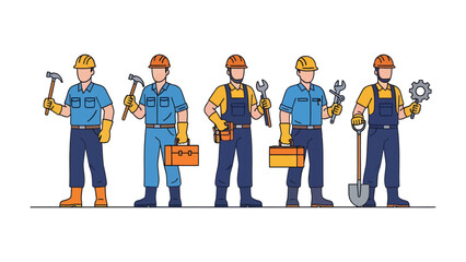 Obraz premium Builders Lineup: A group of construction workers, each holding essential tools of their trade, stand confidently in a row, embodying the essence of skillful craftsmanship and industry. 