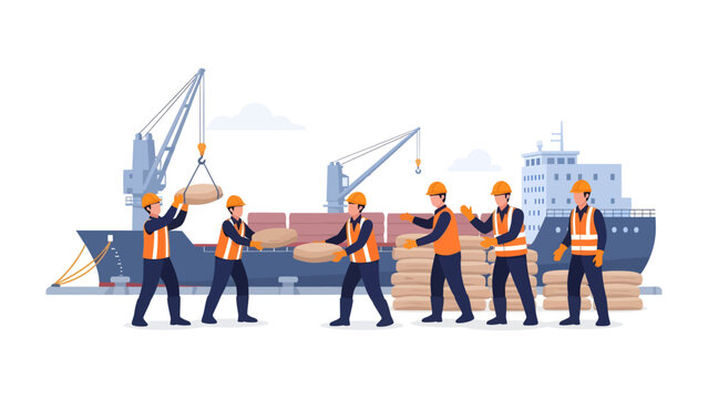 Seafaring Team in Action: A team of dockworkers and a crane diligently load cargo onto a large ship in a bustling harbor, symbolizing industry, logistics, and hard work.