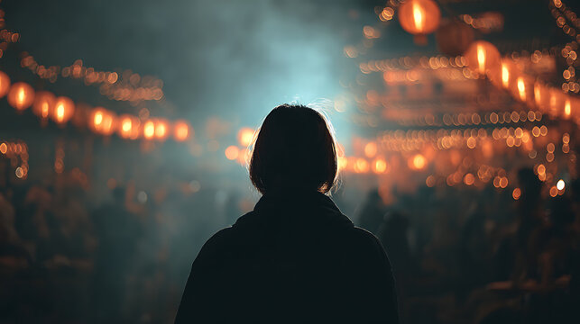 A solitary figure stands silhouetted against a backdrop of glowing lanterns and a blurred crowd, evoking a sense of mystery and anticipation