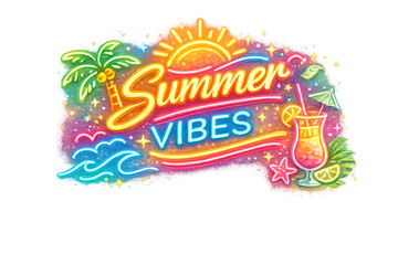 Fototapeta premium summer vibes neon, neon summer design, neon sign, glowing text, neon lights, vibrant colors, summer aesthetic, tropical neon, beach neon, glowing typography, retro neon, nightlife vibes, electric colo