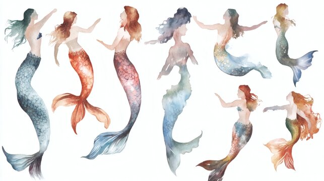 Watercolor mermaid silhouettes in various poses with colorful tails and flowing hair on white background