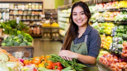 Fototapeta premium Asian woman worker smiling in grocery store produce section