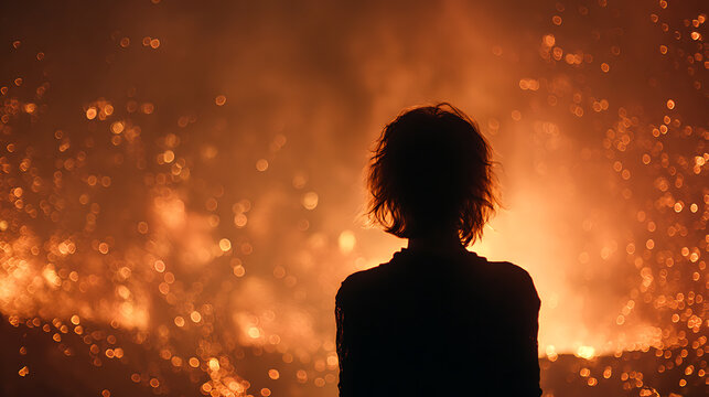 A person stands silhouetted against a backdrop of intense fire and glowing embers, creating a dramatic and intense atmosphere