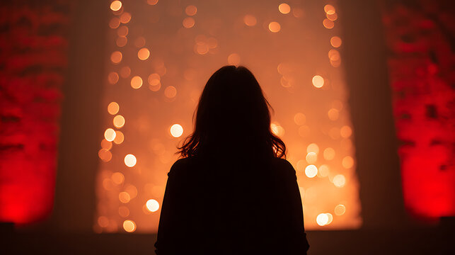 A silhouette of a woman facing a large screen filled with out-of-focus lights, possibly a projection or a cityscape at night. Dramatic red lighting frames the scene