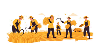 Obraz premium Harvest Harmony: Illustrating a group of farmers working in a field during harvest time, highlighting the collaboration and shared labor of the season. 