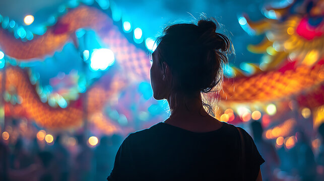 A woman observes a vibrant Chinese dragon performance at night. The dragon is illuminated with colorful lights, and bokeh effects create a magical atmosphere